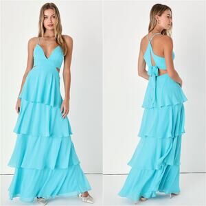 Lulus NWOT Tier and Now Blue Sash Tie-Back Tiered Plunging Cut-Out Maxi Dress